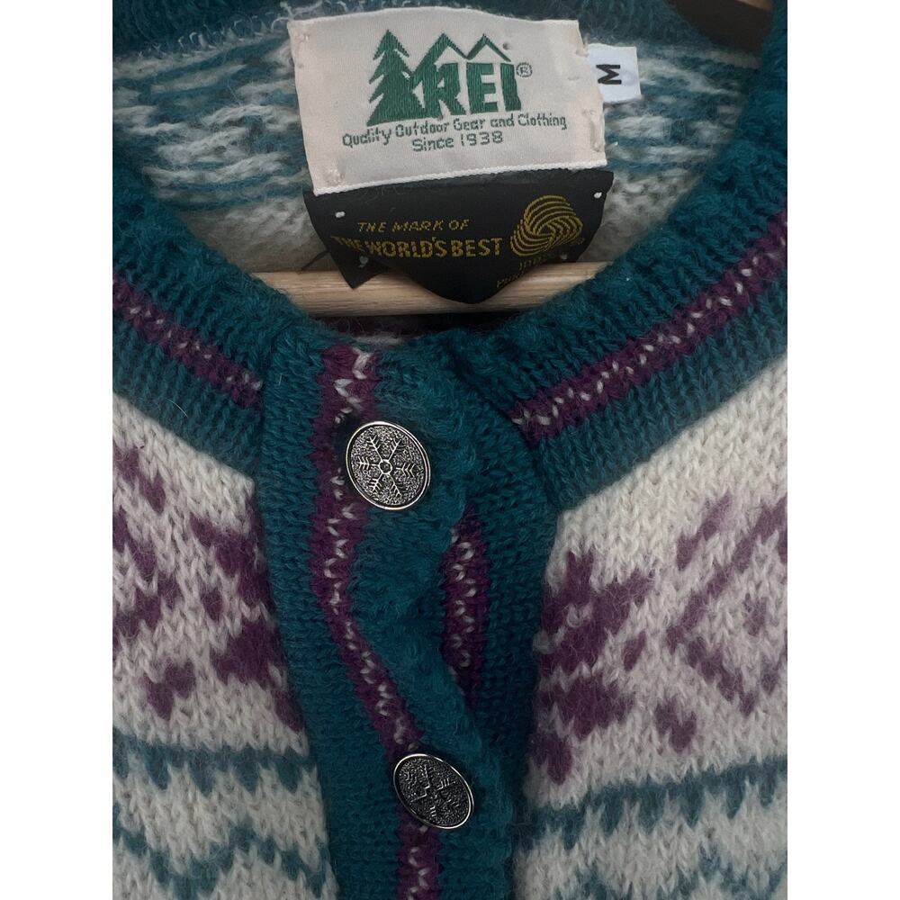 Vintage REI Nordic Wool Cardigan Sweater Womens M Deer Snowflake Fair Isle - Picture 3 of 8